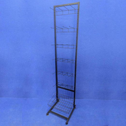 Стеллаж торговый сетчатый Ева-40 на 6 секций одинарных крючков и корзина, черный