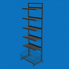 Стелаж торговий з листовими полицями 5 шт. і кошик накопичувальний, чорний