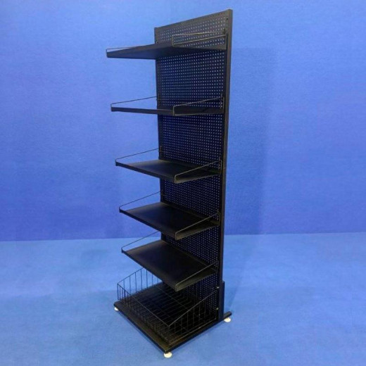 Стеллаж перфорированный 50х185 на 5 полок и корзина большая, разборной, черный